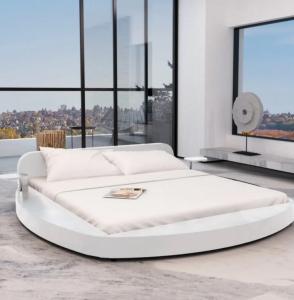 Lit rond en simili cuir blanc, 180 x 200 cm avec tablettes chevet et matelas