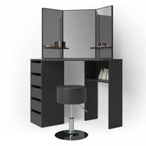 MEUBLE coiffeuse d'angle, noir avec miroir et siège