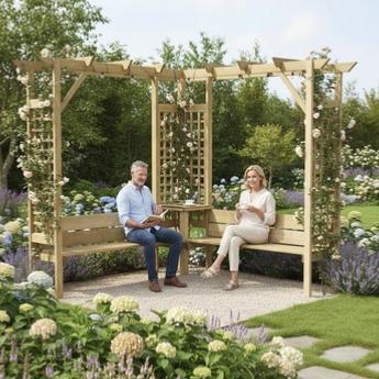 Pergola d’angle bois 190x190 cm avec double banc et tablette centrale
