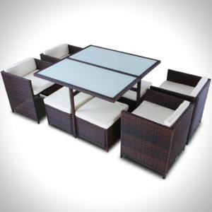 Salon de jardin encastrable 8 places en résine tressée avec table en verre
