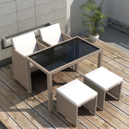 Salon de jardin résine tressée, gris/beige, 4 personnes