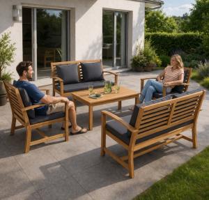 Salon de jardin en teck massif 6 places avec 2 canapés, fauteuils et table basse – coussins anthracite
