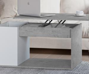 TABLE basse gris béton/blanc, 90 cm, plateau relevable, THEBES