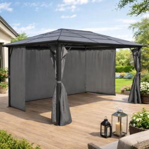Tonnelle de jardin aluminium noir 4x3 m – Toit rigide polycarbonate 6 mm – Rideaux zippés