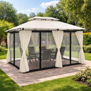 Tonnelle de Jardin 3 x 4 m avec Éclairage LED Solaire et Rideaux