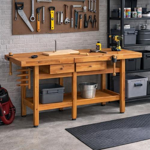 Établi en bois massif d’acacia 165 cm avec étaux et tiroirs