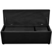 Bancs coffre et pouf, cuir noir, lot de 3