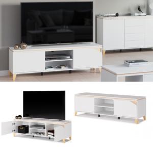 Meuble bas TV, 160 cm sur pieds, blanc, modèle ELEGANT