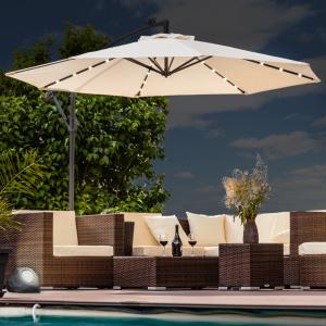 Parasol déporté, à éclairage LED solaire, 350 cm, crème