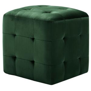 POUF cube, habillage velours vert, lot de 2.