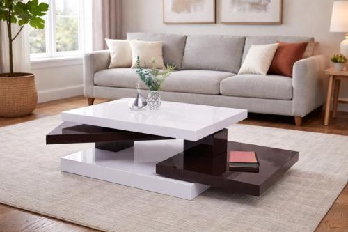 TABLE basse, plateaux pivotants, 80 à 120 cm, marron foncé/blanc