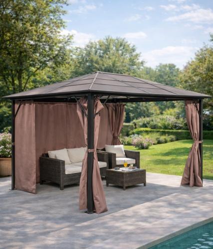 Tonnelle de jardin aluminium toit rigide 4x3 m – Polycarbonate 6 mm – Rideaux – Marron