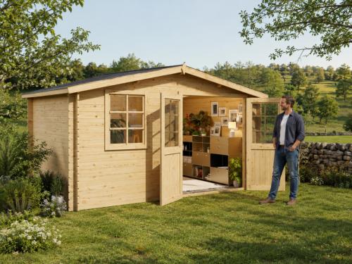 Abri de jardin bois 12 m² ARVENA – Madriers 28 mm – Toit double pente avec bardeaux bitumeux