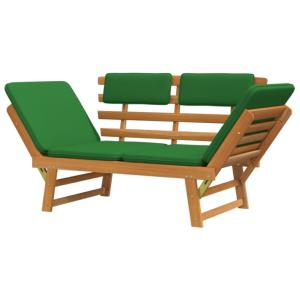 Banc de jardin convertible, bois exotique, coussins vert