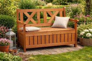 Banc de jardin bois massif avec coffre de rangement – Épicéa verni