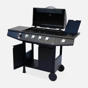 BARBECUE GAZ inox, acier noir, 5 brûleurs