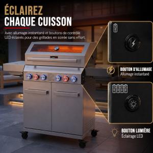 Barbecue à Gaz Inox KANSAS 6 Brûleurs 21 kW avec Brûleur Infrarouge, Brûleur Latéral et Housse