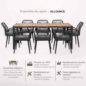 SALON de jardin ALLIANCE, 8 personnes, table 190 cm, fauteuils corde tressée
