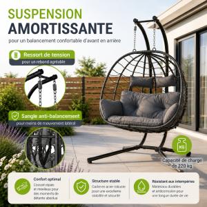 Fauteuil suspendu double ALOA XL en polyrotin gris ou beige– 2 places