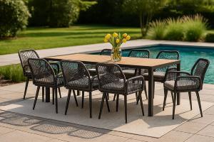 SALON de jardin ALLIANCE, 8 personnes, table 190 cm, fauteuils corde tressée