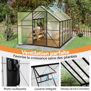 Serre de jardin aluminium noir – Polycarbonate 4 mm – Largeur 180 cm – 6 dimensions au choix
