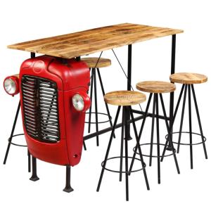 Ensemble table bar vintage, 6 tabourets, bois de manguier