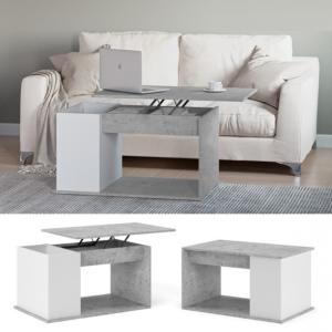 TABLE basse gris béton/blanc, 90 cm, plateau relevable, THEBES