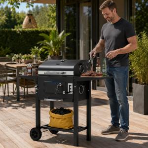 Barbecue Charbon & Fumoir 2-en-1 ARCAN avec Thermomètre, Tablettes Rabattables et Roues