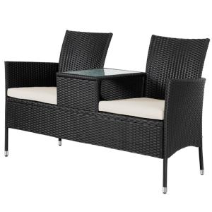 Banc de jardin, résine tressée noir, 2 places avec table intégrée 