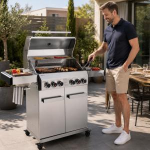 Barbecue à Gaz Inox KANSAS 6 Brûleurs 21 kW avec Brûleur Infrarouge, Brûleur Latéral et Housse