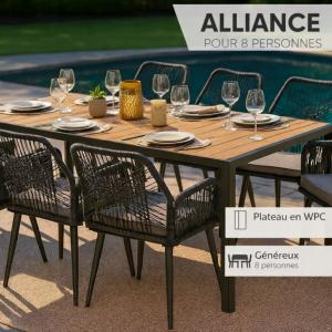 SALON de jardin ALLIANCE, 8 personnes, table 190 cm, fauteuils corde tressée