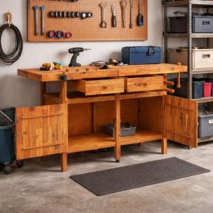 Etabli en bois massif d’acacia – 165 cm – Avec étaux et rangements