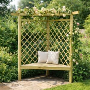 Pergola d’angle bois massif 130 x 130 cm avec banc intégré – Pin traité autoclave