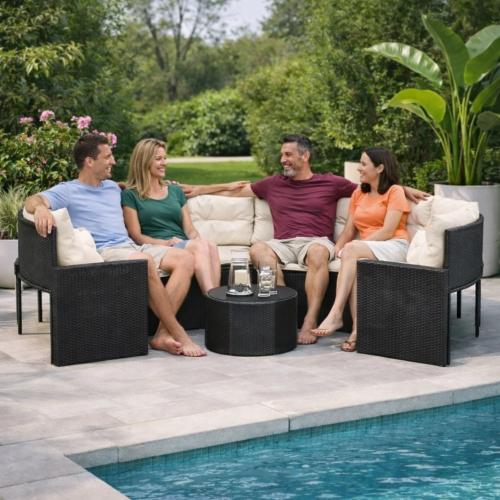 Salon de jardin rond XXL Ø 290 cm en résine tressée avec table basse en verre