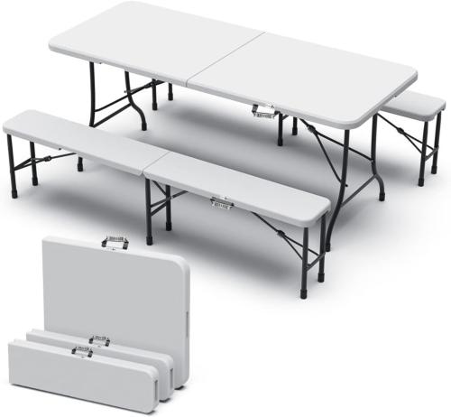 TABLE PLIANTE avec bancs qualité pro: métal et nylon 185 cm, blanc