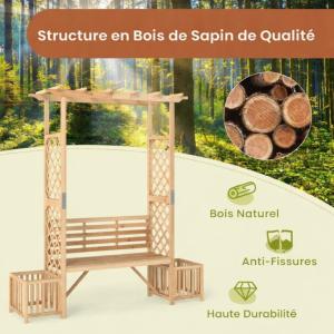 Arche à rosiers avec banc intégré et jardinières en bois naturel