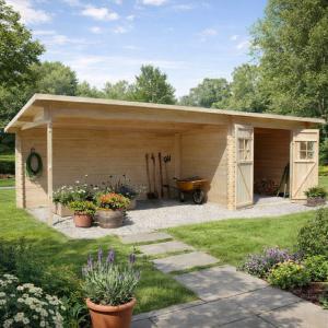 Abri de jardin bois 21 m² avec auvent – Épicéa massif 28 mm – KIRINA 3