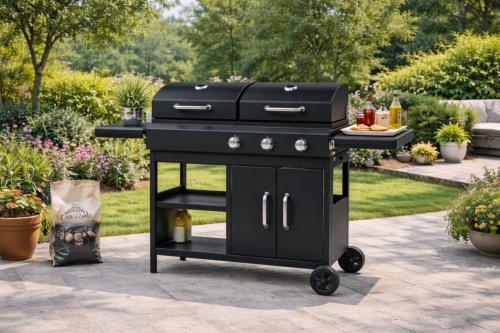 Barbecue Combiné Gaz & Charbon LOUISIANA sur Chariot – 3 Brûleurs + Grill Charbon