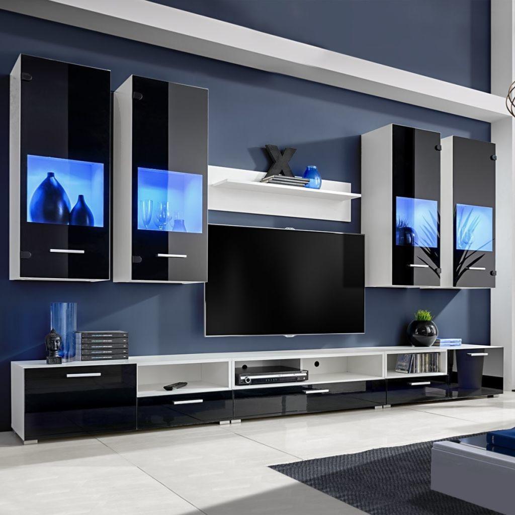 Meuble bas TV LED, Salon-Séjour, Blanc et Noir Laqué, Dimensions