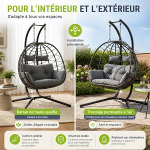 Fauteuil suspendu double ALOA XL en polyrotin gris ou beige– 2 places