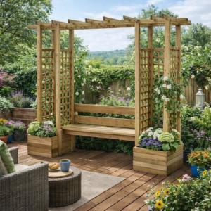 Pergola bois massif 230 cm avec banc et jardinières intégrées
