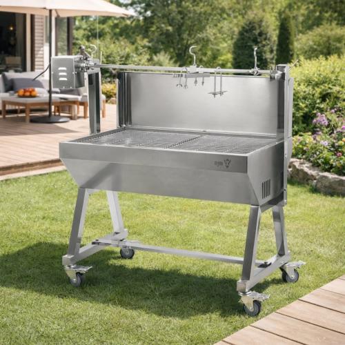 Barbecue Rotissoire tournebroche inox mobile – Cuisson agneau et grandes pièces