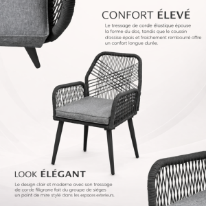 SALON de jardin ALLIANCE, 8 personnes, table 190 cm, fauteuils corde tressée