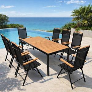 SALON de jardin aluminium noir et composite brun - 8 fauteuils - table 190 cm
