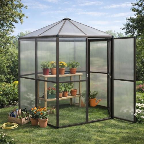 Serre de jardin hexagonale aluminium & polycarbonate – Ø 240 cm