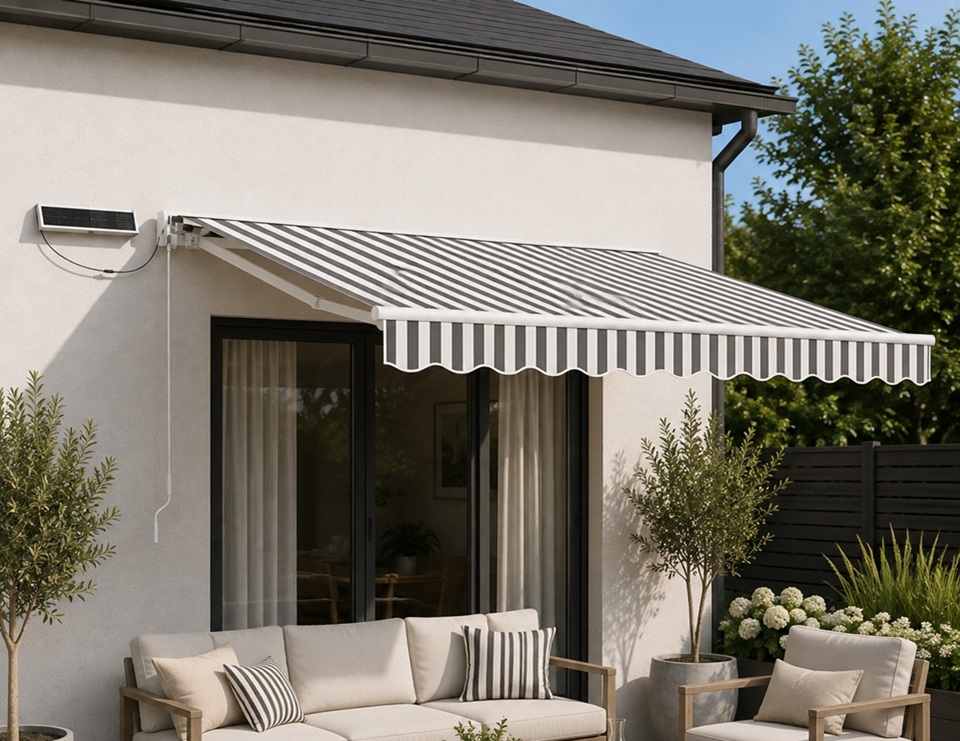 Store banne solaire semi-coffre avec toile ray&eacute;e anthracite et blanc au-dessus d'une terrasse