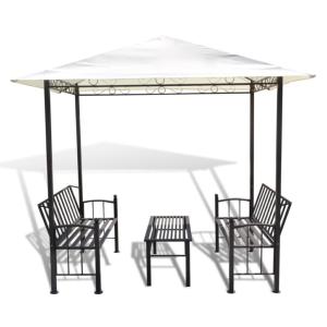 Tonnelle de jardin complète, avec bancs et table, toit blanc