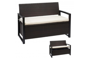 BANC avec coffre de rangement, resine tressée marron, coussin beige