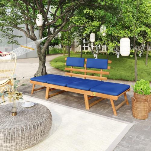 Banc de jardin convertible, en acacia avec coussins bleu