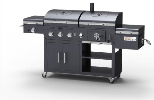 BARBECUE  XXL combiné charbon/gaz 4 brûleurs, avec fumoir